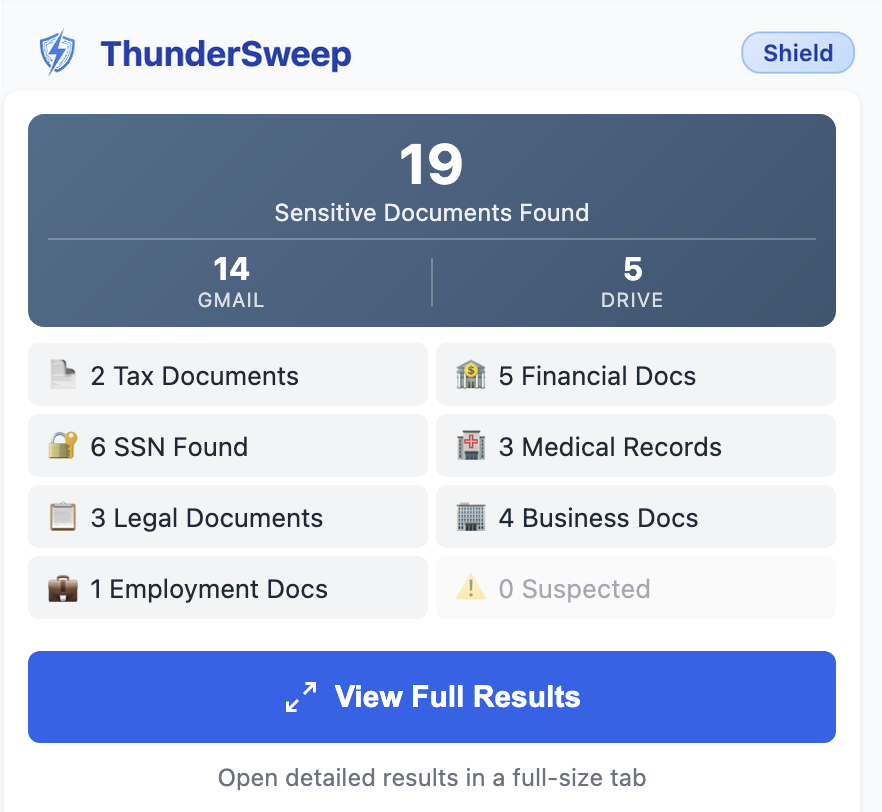 ThunderSweep scan results showing 19 sensitive documents found across Gmail and Google Drive, broken down by category