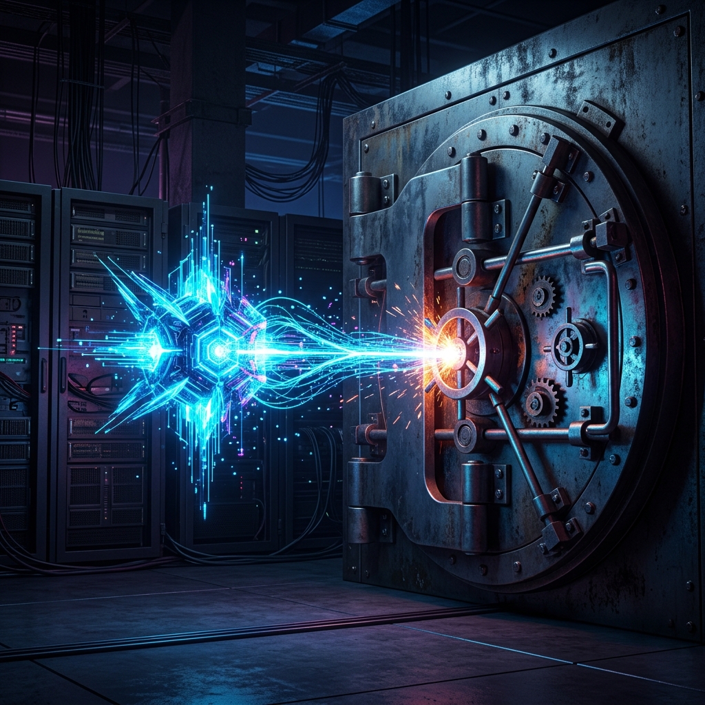 AI core attacking bank vault graphic