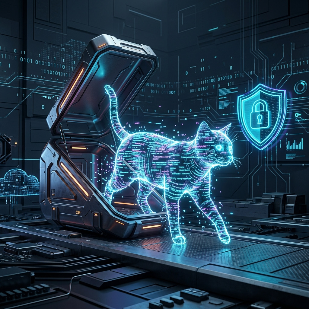 Holographic cat emerging from a high-tech pod