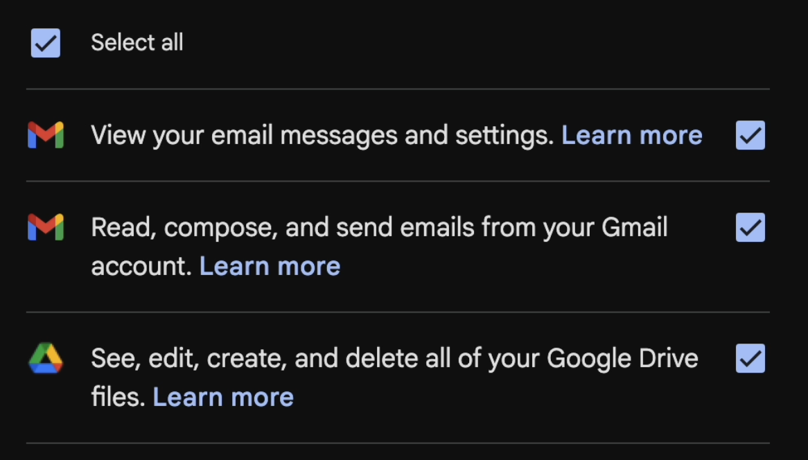 Gmail OAuth consent screen showing both permission checkboxes